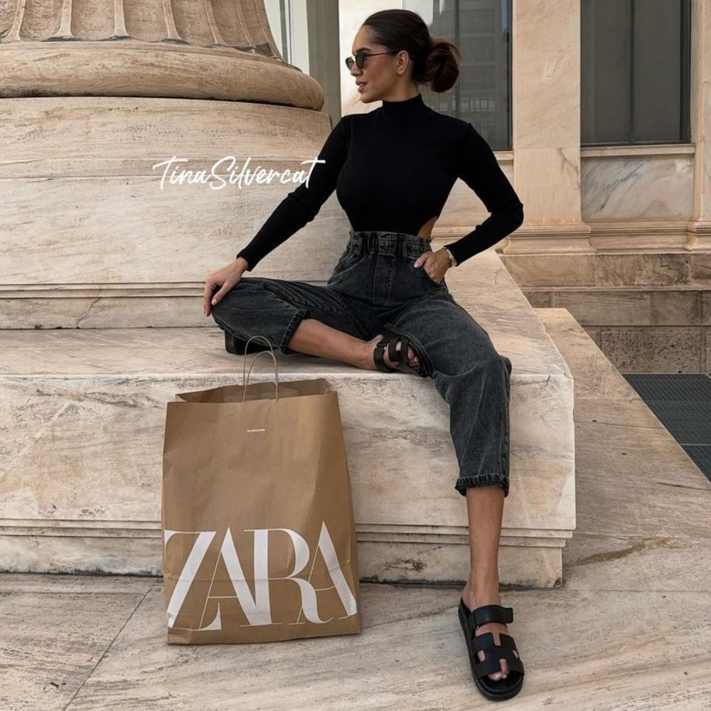 Zara Contrasting Denim Jumpsuit Black Gray NWT - Picture 2 of 12